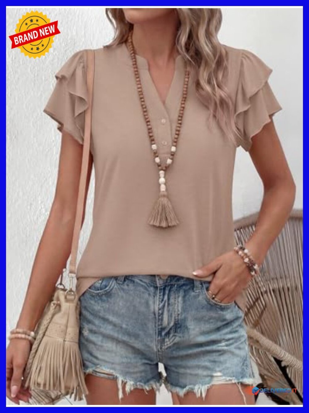 Women's Ruffle Sleeve V Neck Blouse Button Down Short Sleeve Blouse Loose Fit - Picture 3 of 6